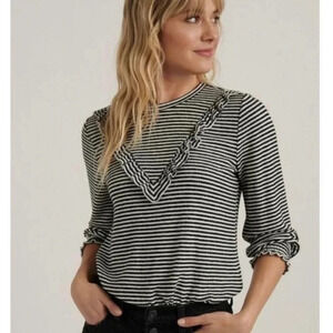 LUCKY BRAND Black White Stripe Ruffle Cloud Jersey Top  XL